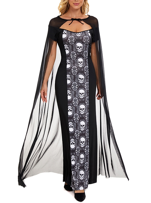 Black Mesh Cloak Boat Collar Skeleton Printed Slim Long Dress Set Halloween Demon Vampire Witch Costume Female