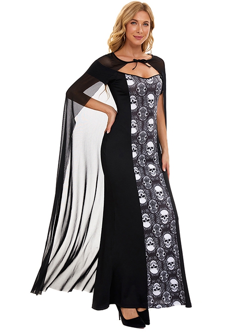 Black Mesh Cloak Boat Collar Skeleton Printed Slim Long Dress Set Halloween Demon Vampire Witch Costume Female