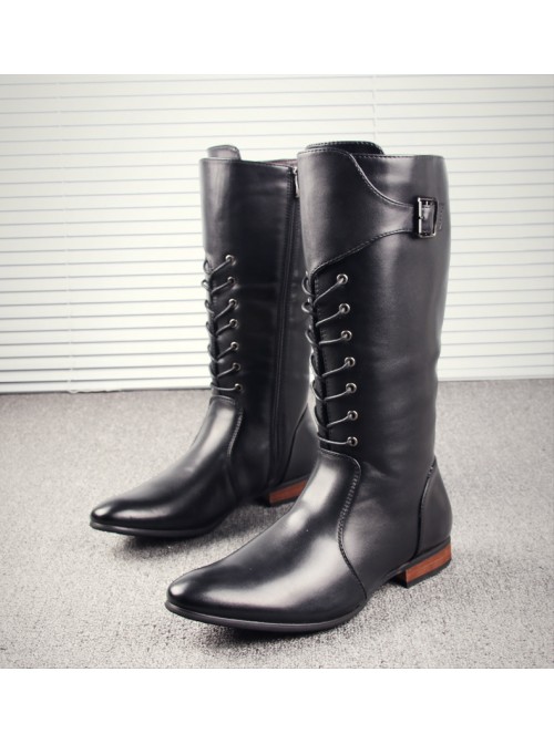 Male Black Lace Up Zipper Martin Boots Pointed Toe Stage Performance Cowboy High Leather Boots