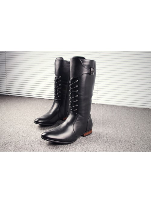 Male Black Lace Up Zipper Martin Boots Pointed Toe Stage Performance Cowboy High Leather Boots