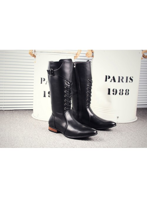 Male Black Lace Up Zipper Martin Boots Pointed Toe Stage Performance Cowboy High Leather Boots