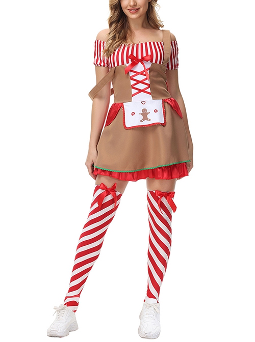 Cartoon Style Khaki Boat Collar Short Sleeve Strap Dress Set Christmas Yummy Gingerbread Mud Doll Modeling Costume Female