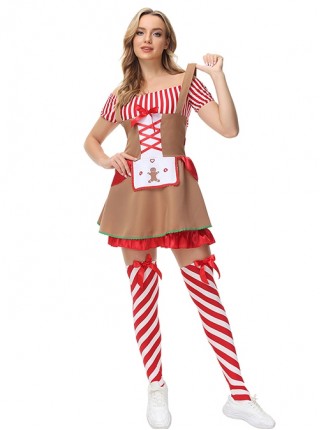 Cartoon Style Khaki Boat Collar Short Sleeve Strap Dress Set Christmas Yummy Gingerbread Mud Doll Modeling Costume Female