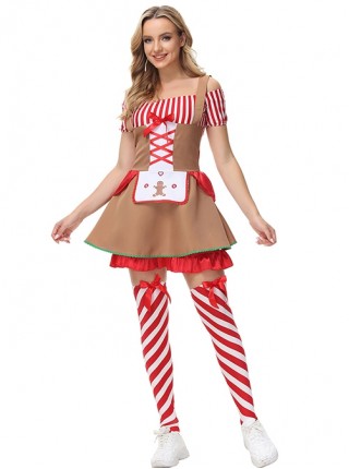 Cartoon Style Khaki Boat Collar Short Sleeve Strap Dress Set Christmas Yummy Gingerbread Mud Doll Modeling Costume Female