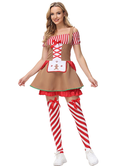 Cartoon Style Khaki Boat Collar Short Sleeve Strap Dress Set Christmas Yummy Gingerbread Mud Doll Modeling Costume Female