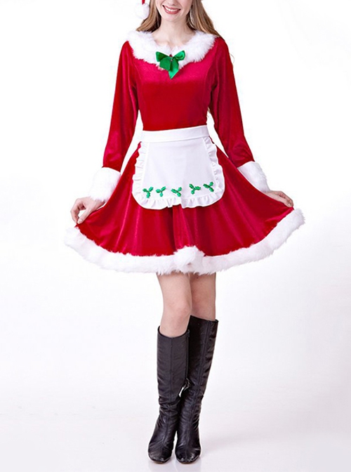 Neckline Green Bow White Apron Red Short Long Sleeve Maid Party Uniform Christmas Dress Suit