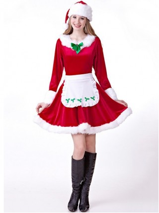 Neckline Green Bow White Apron Red Short Long Sleeve Maid Party Uniform Christmas Dress Suit